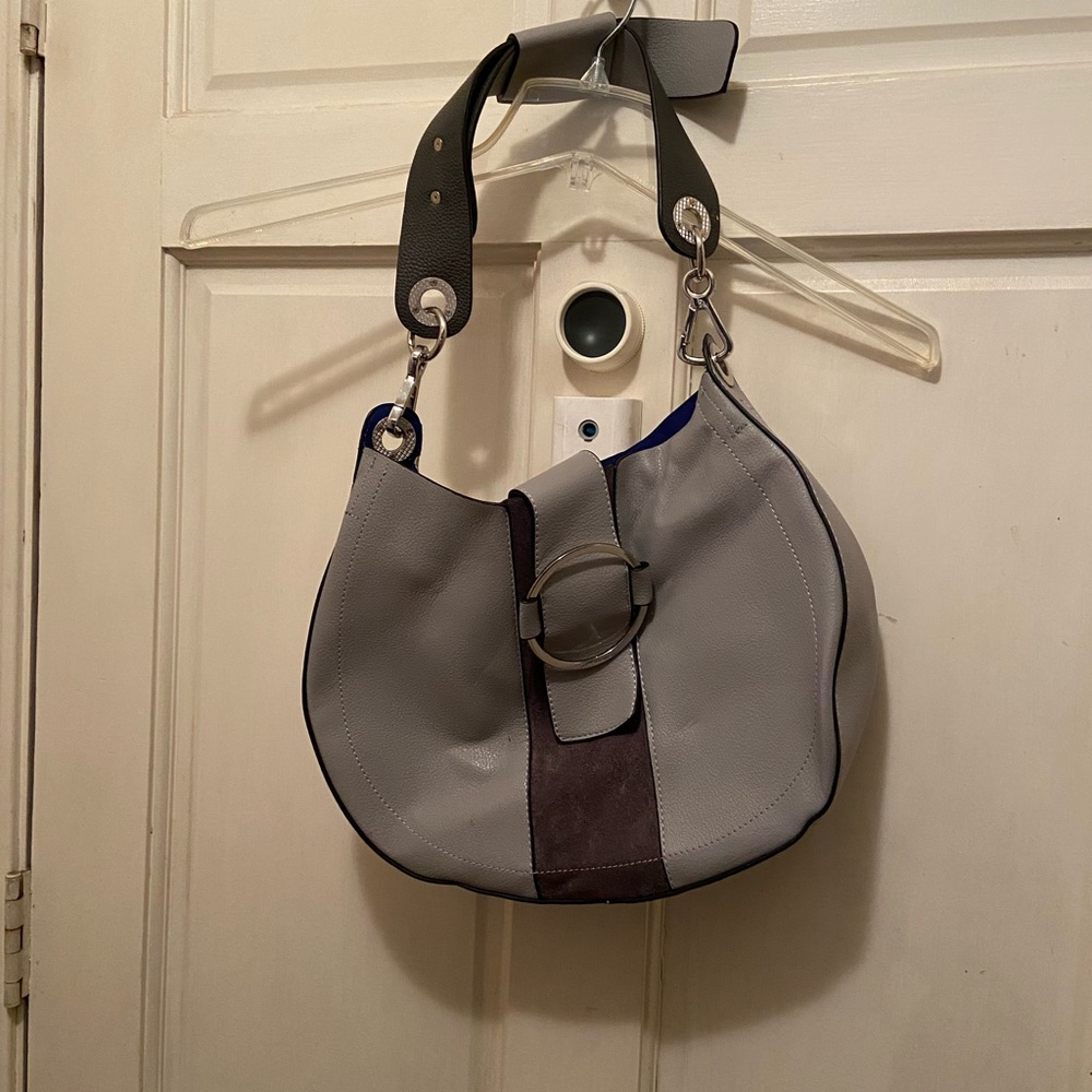 Gray leather hobo bag